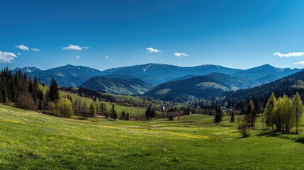 Lush green valley with rolling hills, trees, and distant snow-capped mountains