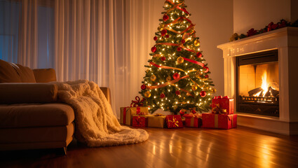 Obraz premium A festive stock image of a beautifully decorated living room interior with a glowing Christmas tree in the background. The tree is adorned with red and gold baubles, fairy lights, and ribbons. 