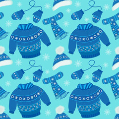 Vector pattern with winter clothes. Children's warm winter clothes for walking. Knitted hat, sweater, scarf, gloves with jacquard pattern and pompoms. Vector set of pink color.