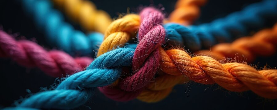 Colorful ropes are tied together in a knot. Intertwined cords represent teamwork, connection, and diversity. Complex weave shows unity and collaboration in a project.