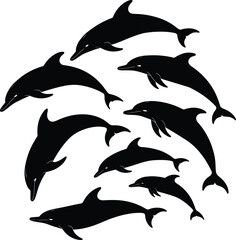 Naklejka premium Dolphin silhouettes in black and white ocean wildlife art illustration