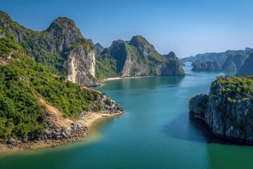 Scenic view of emerald water dotted with islands under a clear, blue sky