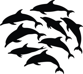 Fototapeta premium Dolphin Silhouette Group Swimming Together Ocean Wildlife Marine Animals Vector