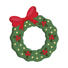 Festive green christmas wreath decorated with red bow poinsettias and twinkling lights on white background