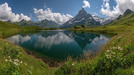 Scenic panoramic view of a mountain peak reflected in a calm alpine lake