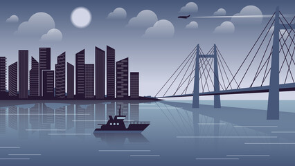 Morning coastal metropolis landscape. A small boat sails across the bay toward a bridge against the backdrop of a metropolis, a morning sky with sun, clouds, an airplane, and flying birds. 