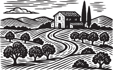 Obraz premium Tuscan countryside with villa and cypress trees depicted in bold black and white linocut etching style classic Italian rural landscape perfect for olive oil or wine label packaging design