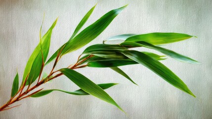 Branch of green bamboo leaves against a textured, neutral background