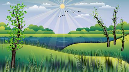 Nice summer natural landscape. A lake among grassy hills with trees under a summer sky with sun, clouds, and flying birds. Author's work.