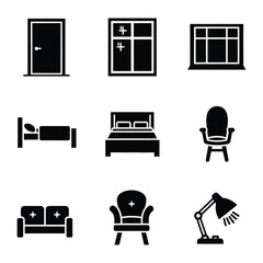 Interior Design Elements in Silhouette: A curated collection of essential furniture pieces and architectural elements rendered in stark black and white, ideal for design visualization.