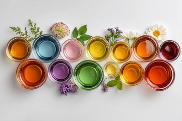 Measuring cups filled with colorful oils and fresh herbs on a white background Generative AI