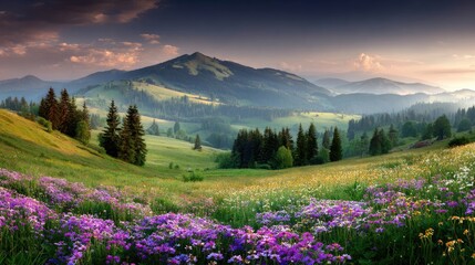 A scenic vista with colorful wildflowers in a green valley & mountains at sunset