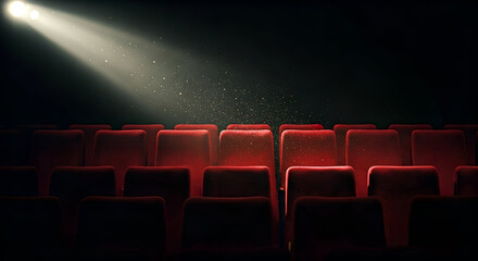 Dust Particles in Spotlight over Empty Red Theatre Chairs in Darkness