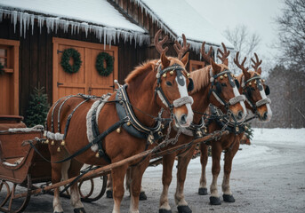 Three brown horses in festive winter harnesses beside a wooden barn with holiday wreaths and icicles on a snowy day