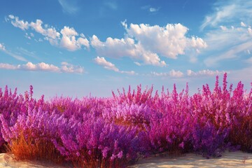 A field of vibrant purple flowers stretches under a bright blue, cloudy sky
