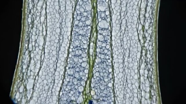 Plant stem cross section microscopic view revealing detailed cellular structure and vascular tissue