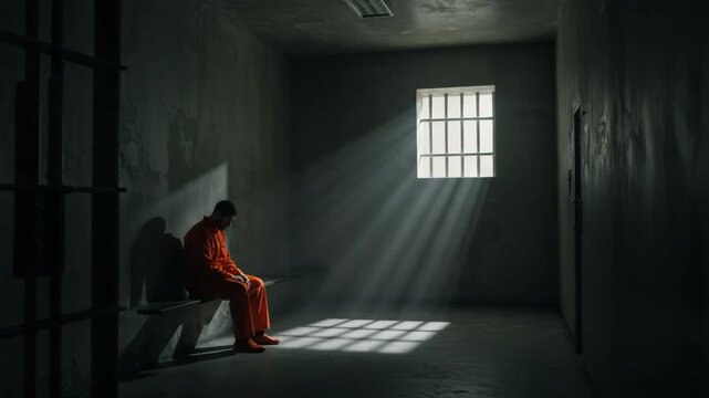 Man in orange prison jumpsuit sits alone on bed in empty cell, prisoner in dark room with barred window, jail interior, isolation, criminal justice, punishment system, incarceration and silence