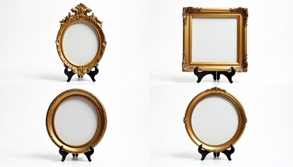 Different ornate golden frames stand against white. Oval round square shapes, classic decoration. Elegant vintage design to insert photo or art. Frames present luxury decor, for galleries and home.