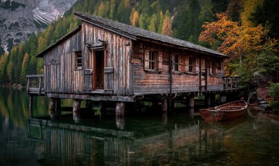 Fototapeta premium Rustic wooden boathouse over still lake, reflected, with autumn trees in background