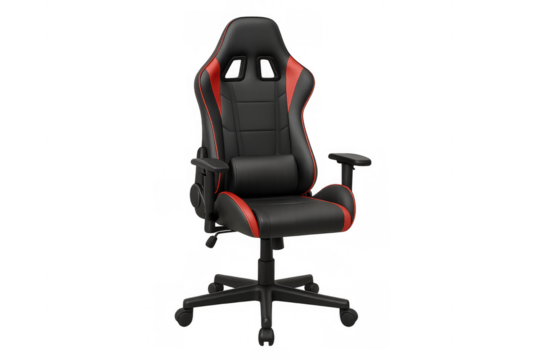 Ergonomic gaming chair, black and red, providing comfort and support for work or playing games, transparent background - Powered by Adobe