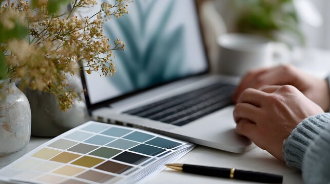 Designer Working Palette Color Creative Laptop Freelance Office Inspiration. Woman selecting color swatches on a remote workspace desk.