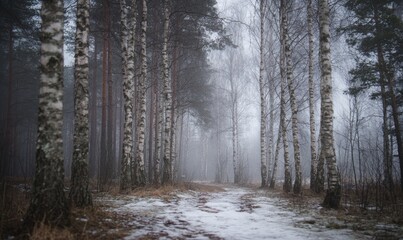A foggy forest path winds between tall birch trees, wintery and quiet
