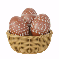 Delightful Easter eggs with festive white icing patterns nestled in a charming wicker basket, perfect for springtime celebrations