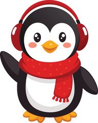Adorable cartoon penguin wearing a red scarf and earmuffs ready for winter fun
