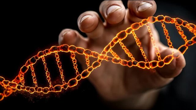 A hand is holding a DNA strand that is glowing red. Concept of awe and wonder at the complexity of life and the intricacies of the human body