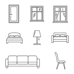 Home Interior Elements: A collection of simple line drawings showcase interior design elements. From doors and windows to furniture like beds, sofas, lamps and chairs.
