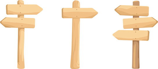 Wooden directional signpost illustration with multiple arrow boards, isolated on white background, travel guide concept, navigation symbol, blank road direction signage