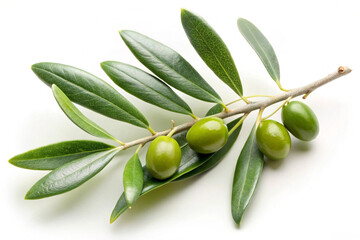 Green olives with leaves and oil drops isolated on white background