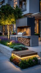 Outdoor grill area with modern design and cozy lighting in a residential garden