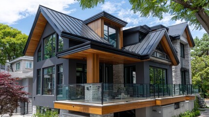 Modern house with sleek design and glass balcony surrounded by greenery on a sunny day