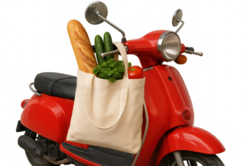 Red scooter delivering groceries with fresh food in a reusable canvas shopping bag, transparent background