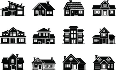Fototapeta premium House Silhouettes Vector Collection – Minimalist Home and Building Icons for Design