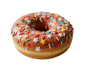 Brown frosted donut with star and rod sprinkles on black background doughnut food isolated on a transparent background
