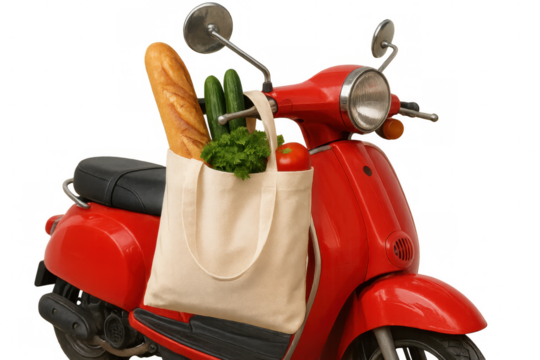 Red scooter delivering groceries with fresh food in a reusable canvas shopping bag, transparent background