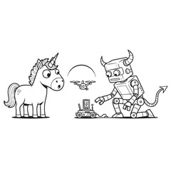 Cartoon Unicorn and Robot with Drone - Fantasy Meets Technology Illustration