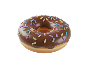 Chocolate frosted donut with pastel rod sprinkles on black background doughnut food isolated on a transparent background