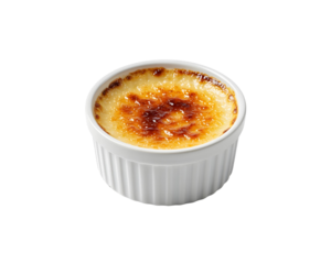 Crème brûlée in a white ramekin with caramelized sugar topping creme brulee dessert isolated on a transparent background