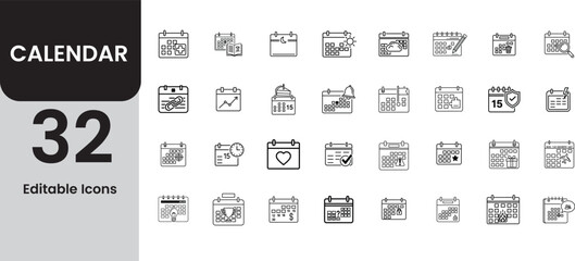 A collection of 32 hand drawn calendar icons in a simple black and white line art style