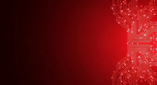 Hi-tech electronic background featuring a vibrant red printed circuit board with luminous nodes and connections