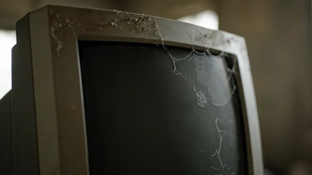 Close up shot of a dusty and cobweb covered vintage CRT computer monitor, abandoned in a dimly lit room. This old and outdated piece of technology sits untouched in solitude