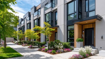 Modern townhouse layout featuring landscaped front gardens and sunlight on a clear day