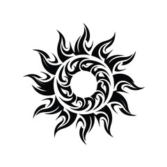 Fiery tribal sun symbol ornamental design with swirling patterns and flame elements silhouette