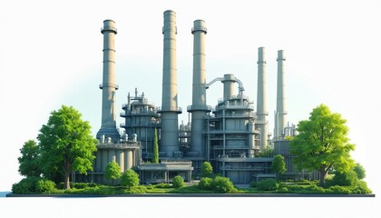 Obraz premium Large industrial facility with tall smokestacks and green trees surrounding. Complex machinery and metal structures create industrial landscape with nature elements. Clear sky.