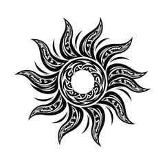 Intricate black sun symbol with tribal flame like rays stylized celestial body design element silhouette