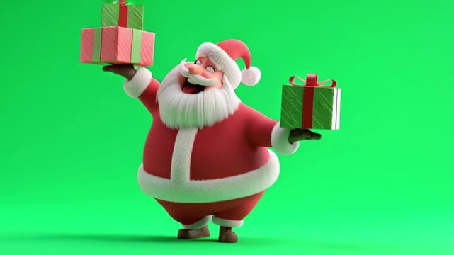 Smiling cartoon santa claus character in his red suit, balancing stacks of gift boxes in each hand, set against a plain green backdrop