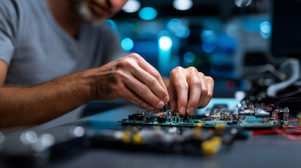 Fototapeta premium Anonymous sorter's hands separating components with blurred torso and focused obsolete electronics mass, with copy space